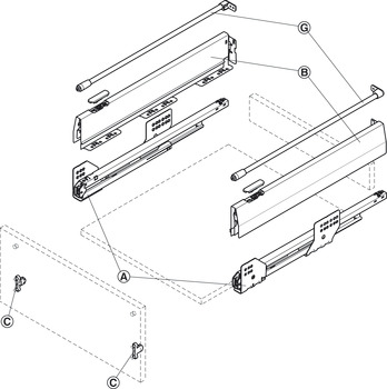 인출식 세트, 헤펠레 매트릭스 박스 P50, 원형 사이드 레일, 서랍 사이드 높이 92 mm, 적재 하중 50 kg