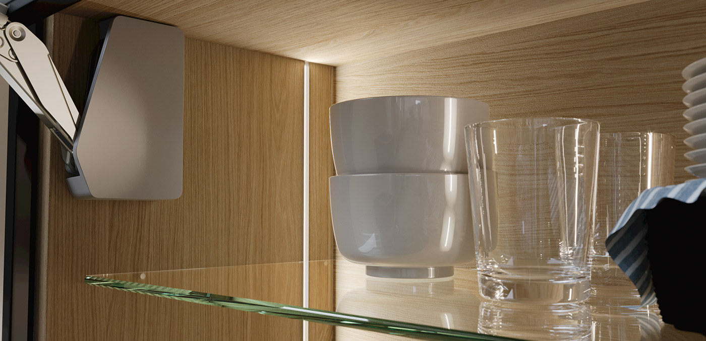 Loox 5 in the wall unit. Subdued functional light in the cabinet interior.