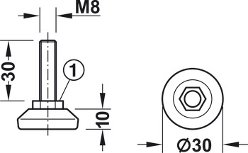 Adjusting screw, Thread, rotating, with plastic foot plate