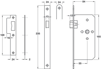 Mortice latch lock, for hinged doors, Startec, grade 3, backset 55 mm