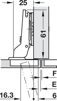 Concealed hinge, Häfele Metalla 510 A/SM 105°, for thin wooden doors from 10 mm and above, half overlay mounting/twin mounting