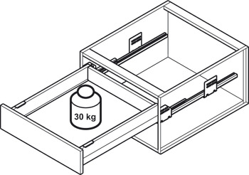 서랍 사이드 런너 시스템, 헤펠레 매트릭스 박스 슬림 A30, 서랍 사이드 높이 128 mm, 적재 하중 30 kg, 셀프 클로징 및 소프트 클로징 메커니즘