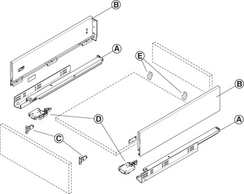 서랍 사이드 런너 시스템, 헤펠레 매트릭스 박스 슬림 A30, 서랍 사이드 높이 128 mm, 적재 하중 30 kg, 셀프 클로징 및 소프트 클로징 메커니즘
